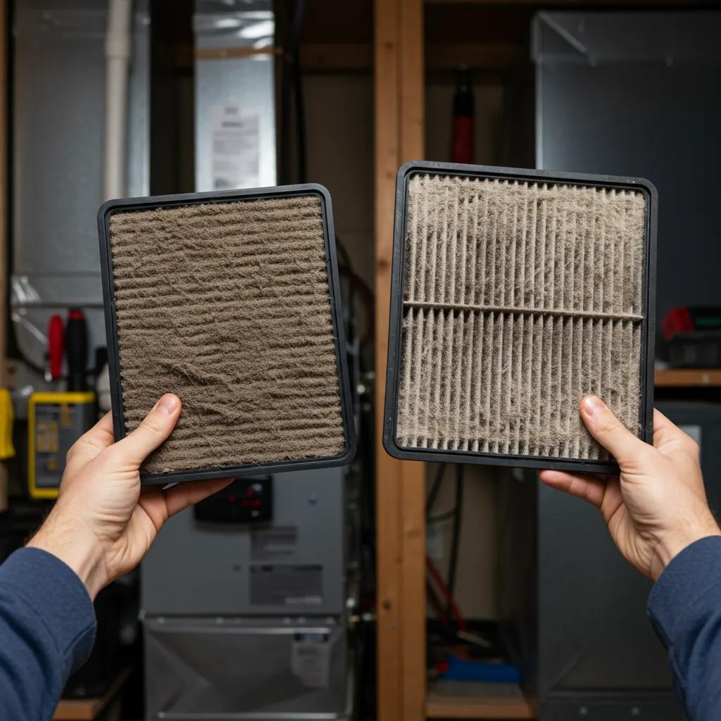 A visual comparison showing a clogged, dirty furnace air filter next to a clean, new one.