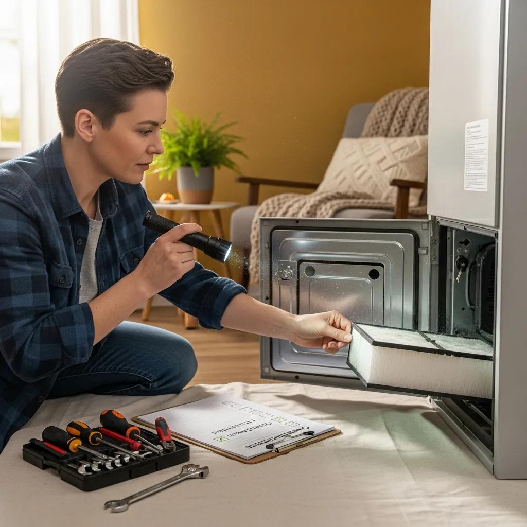 Homeowner checking furnace filter for maintenance in a cozy home environment